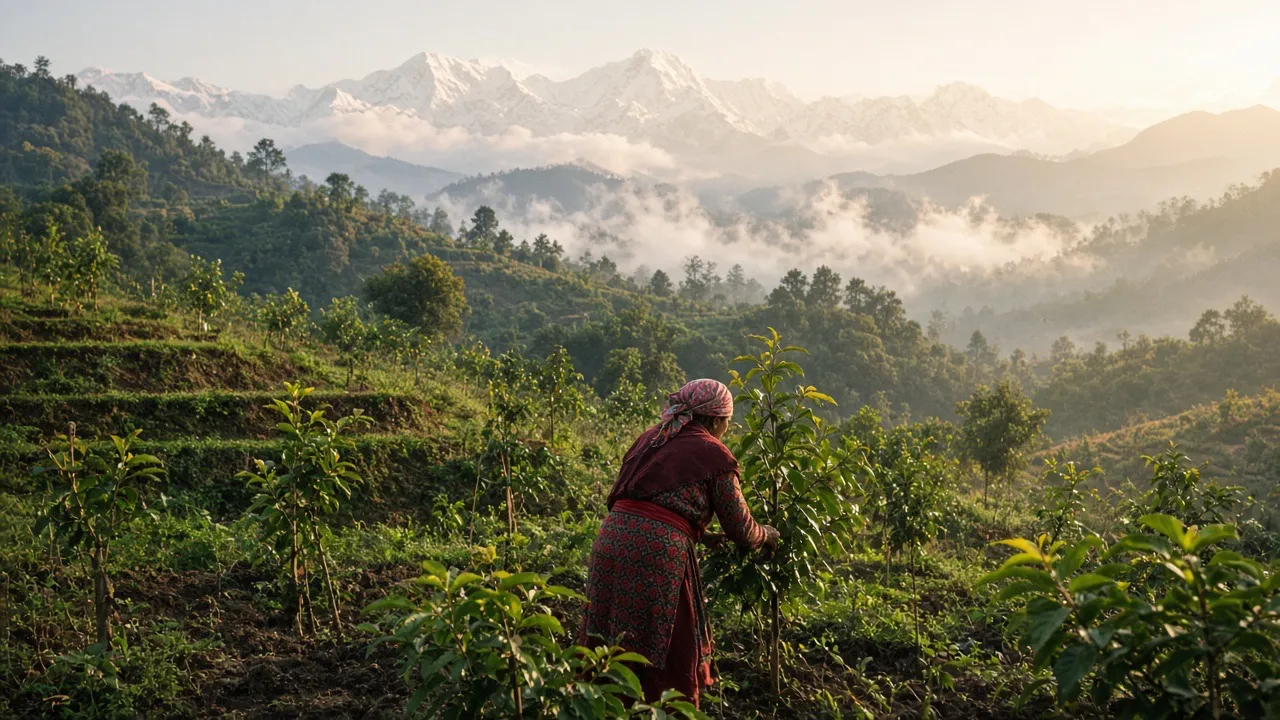 Kleinbäuerin pflegt junge Bäume im Safety Fox Forest in Nepal