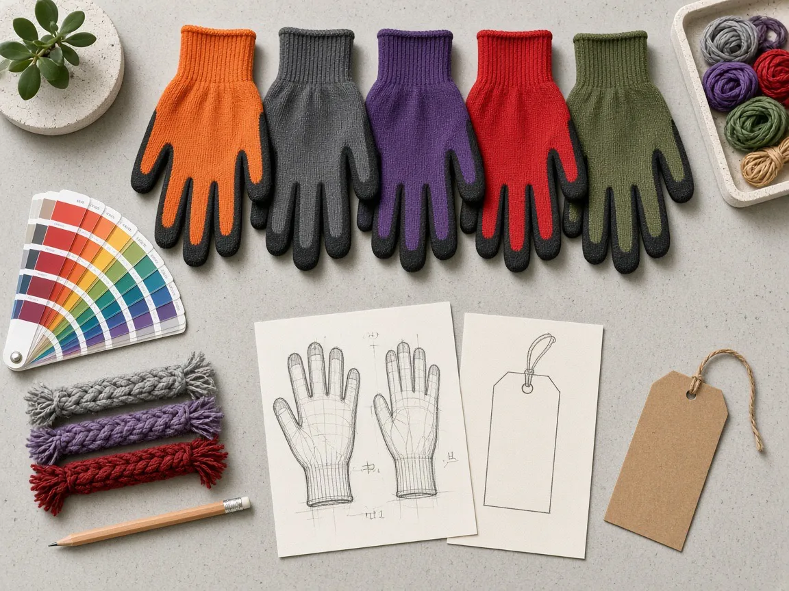Farbige Handschuhe, Farbfächer und Designskizzen für individuelle Eigenmarken